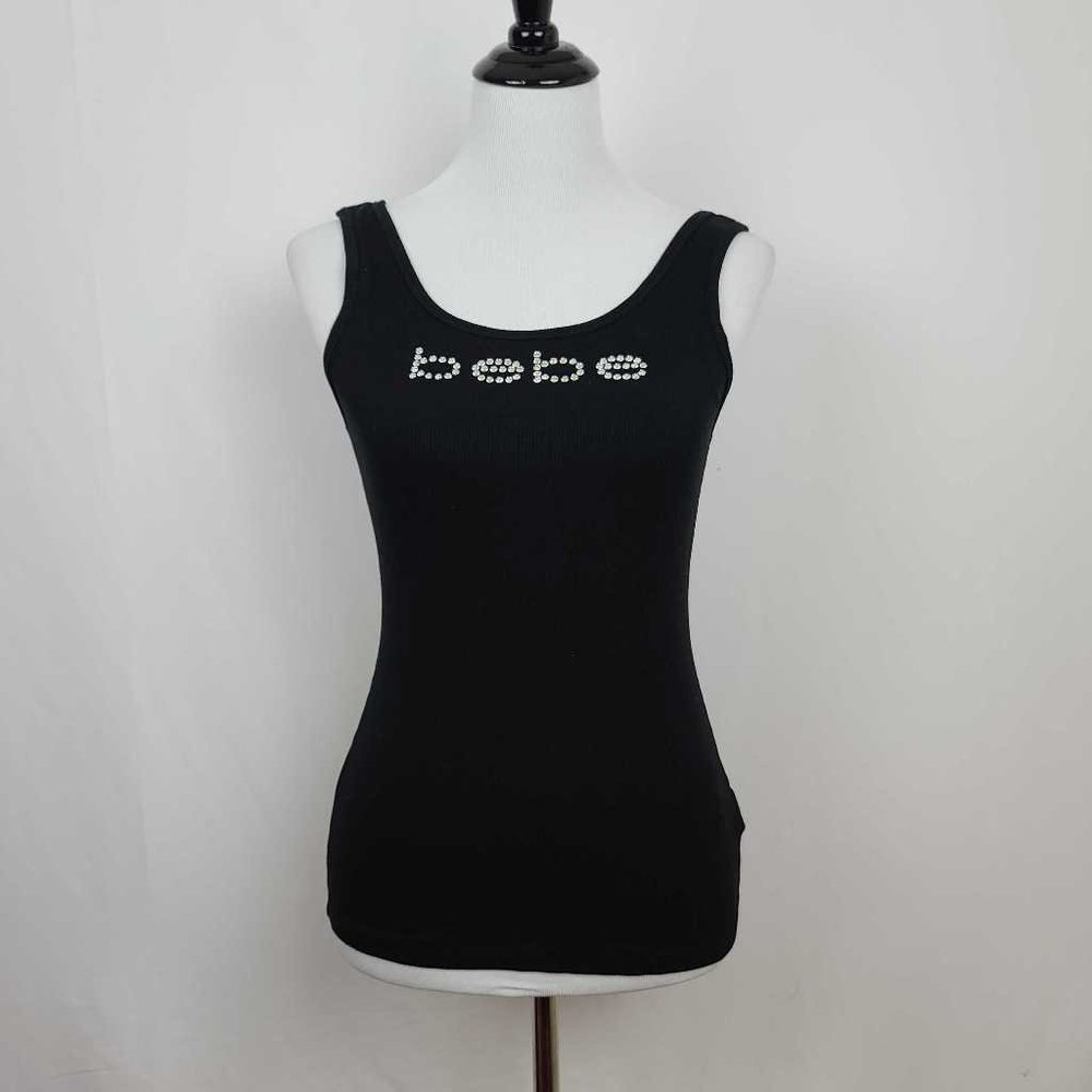 Bebe Ribbed Tank Top Rhinestones Logo Stretch Knit